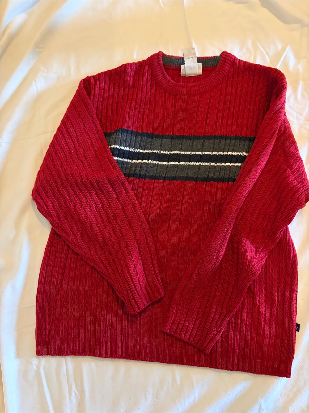 Arizona Jean Company Red Ribbed Crewneck Sweater with Navy & White Stripe